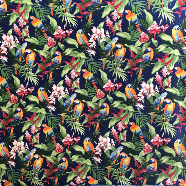 ハワイアン生地 インコ&ヤシの葉　コットン　ネイビー　Parrot & Palm Leaves Navy Cotton TX-17-17