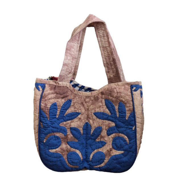 ハワイアンキルト ハンドバッグ タイダイ　ブルーパンの木柄