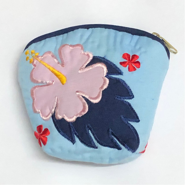 ハワイアンキルト Hawaiian Quilt ハイビスカスコインケース ブルー インテリア小物 財布 小銭入れ 小物入れ がま口