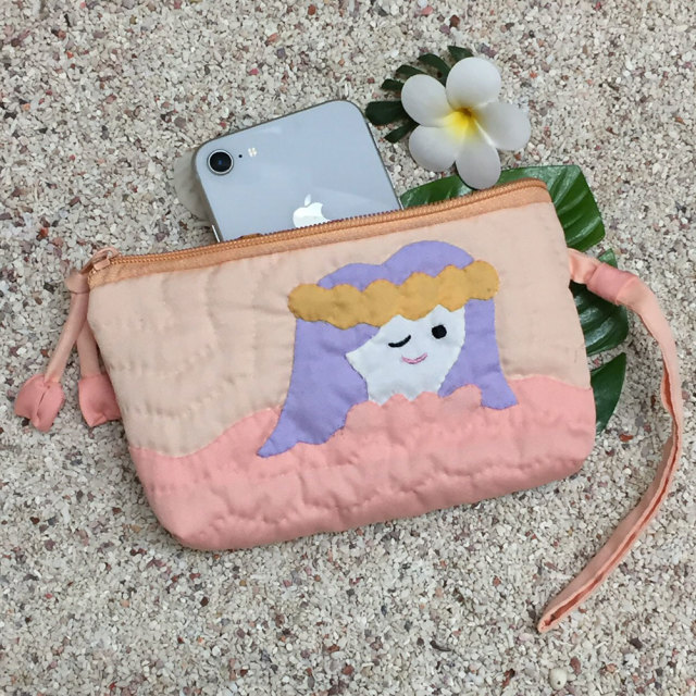 ハワイアンキルト フラガール 化粧ポーチ オレンジ 小物入れ