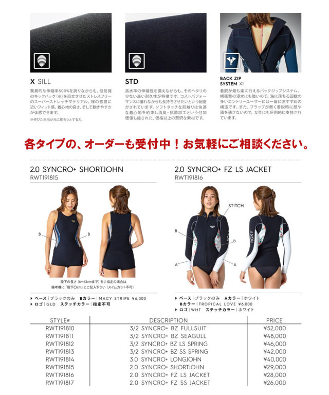 ロキシー　ウエットスーツ　バックジップ　セミドライ　フルスーツ　4/3mm