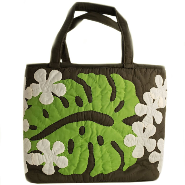 ハワイアンキルト ハンドバッグ モンステラ×プルメリア グリーン