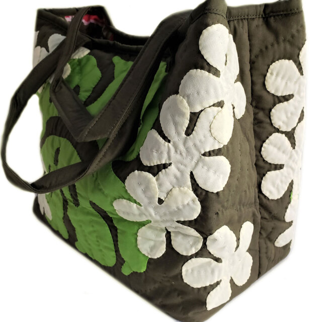 ハワイアンキルト ハンドバッグ モンステラ×プルメリア グリーン