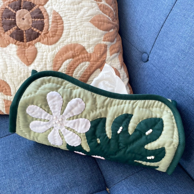 ハワイアンキルト Hawaiian Quilt ティッシュボックスカバー モスグリーン