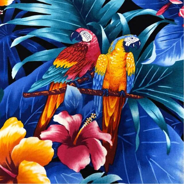 ハワイアン生地 インコ&ヤシの葉 コットン ブラック Parrot & Palm Leaves Cotton