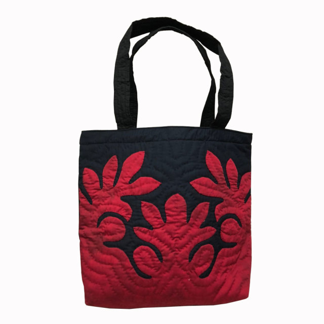 ハワイアンキルト バッグ ブラック×レッドタイダイ ウル パンノ木柄  人気 かわいい