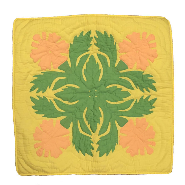 ハワイアンキルト 45cm×45cm用 クッションカバー イエロー×オレンジハイビスカス