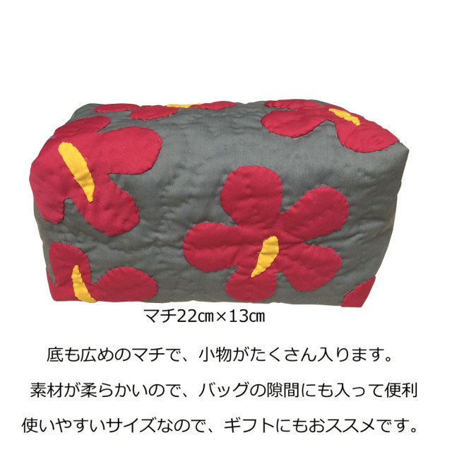 ハワイアンキルト ビキニルポーチ グレー×ピンクハイビスカス