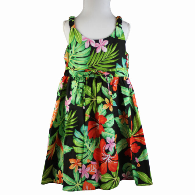 子供服ハワイアン キッズワンピース ブラック プルメリア ハイビスカス バードオブパラダイス