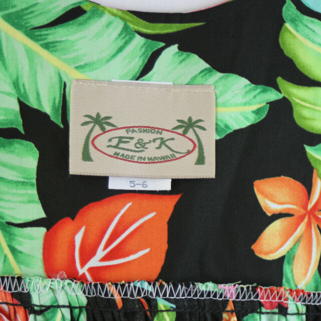 子供服ハワイアン キッズワンピース ブラック プルメリア ハイビスカス バードオブパラダイス