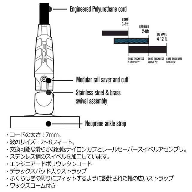 リーシュコード 9' 足首 膝 ロングボードエッセンシャルリーシュ