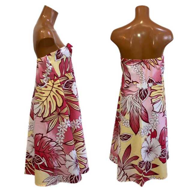 ハワイアン ワンピース 3way イエロー レッド モンステラ・ハイビスカス柄