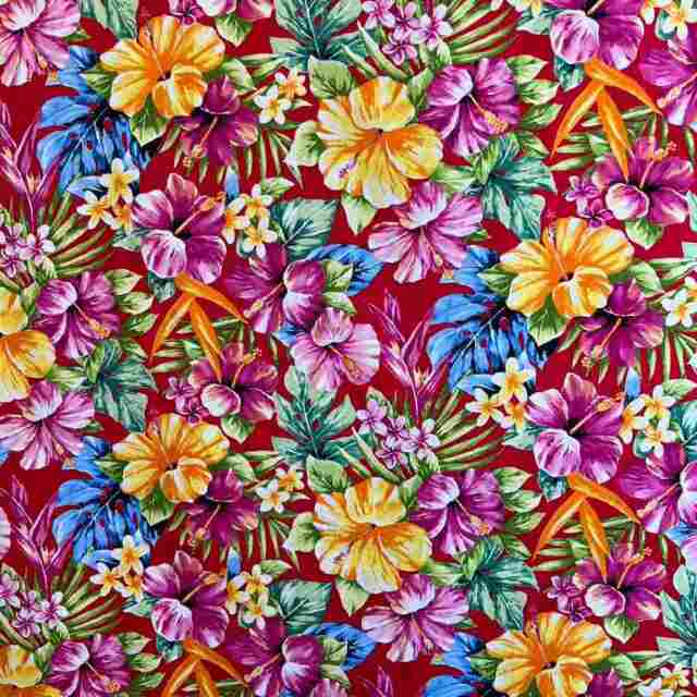 札付き　春うらら×メキシコローズ　ぱんちゃん札　トロピカルガーデン ハワイアン生地 トロピカルフラワー レッド パウスカート生地