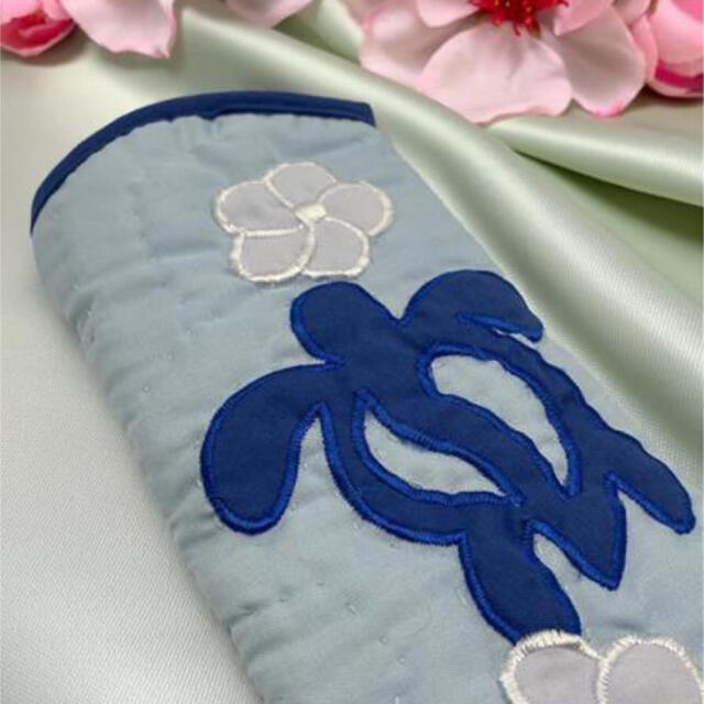 ハワイアンキルト メガネケース サングラスケース ホヌ プルメリア ライトブルー