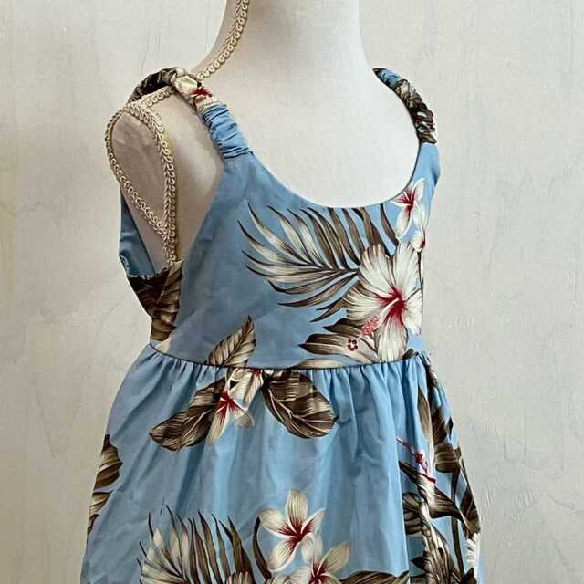 子供服ハワイアン キッズワンピース ライトブルー ハイビスカス モンステラ リーフ