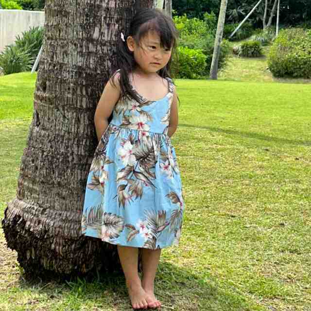 子供服ハワイアン キッズワンピース ライトブルー ハイビスカス モンステラ リーフ