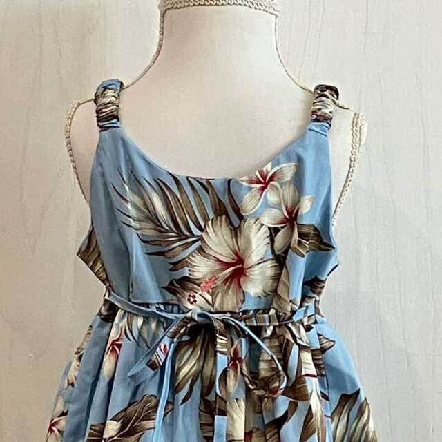 子供服ハワイアン キッズワンピース ライトブルー ハイビスカス モンステラ リーフ