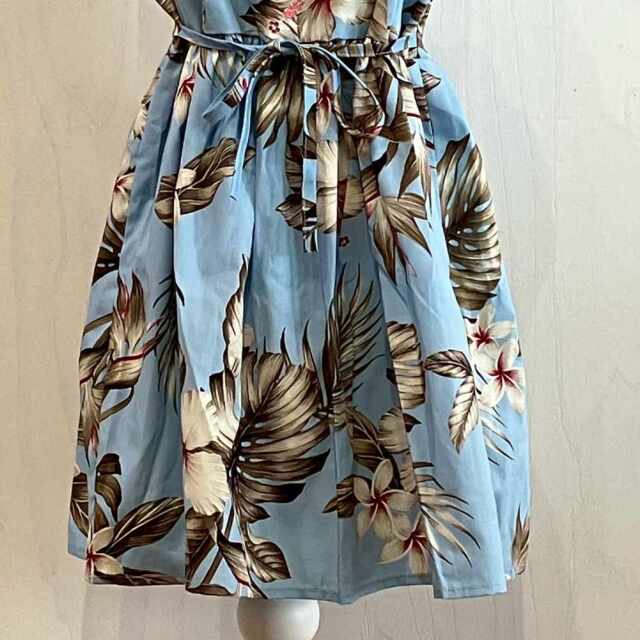 子供服ハワイアン キッズワンピース ライトブルー ハイビスカス モンステラ リーフ