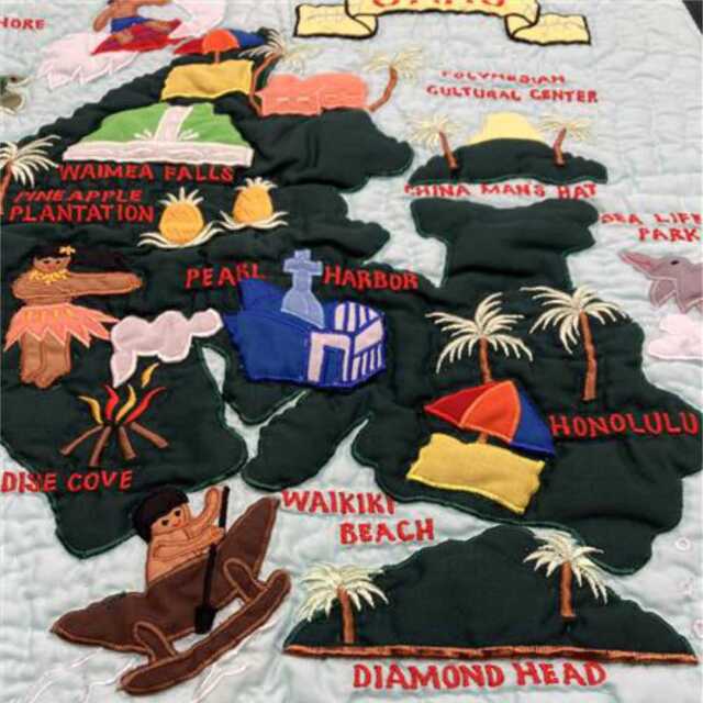 ハワイアンキルト クッションカバー ブルー オアフ島地図 46cm×46cm