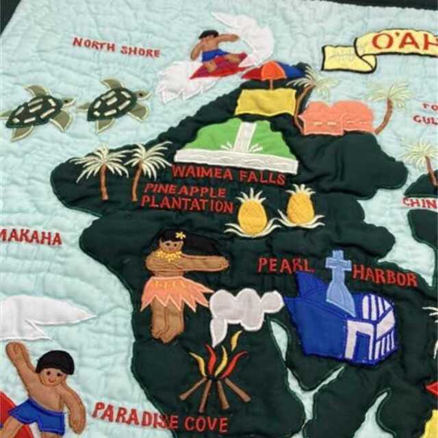 ハワイアンキルト クッションカバー ブルー オアフ島 地図柄 マップ