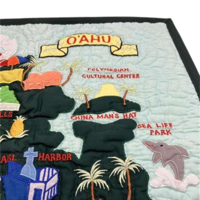 ハワイアンキルト クッションカバー ブルー オアフ島地図 46cm×46cm