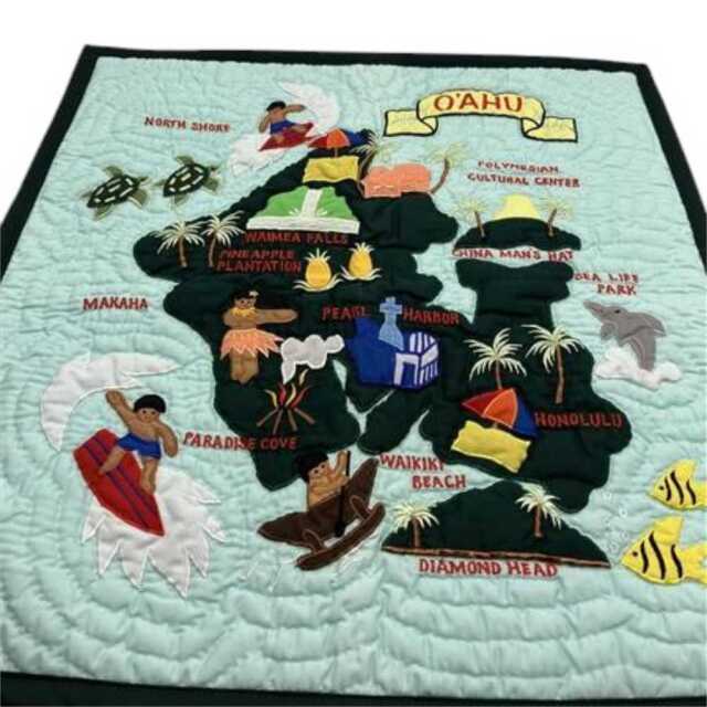 ハワイアンキルト クッションカバー ブルー オアフ島地図 46cm×46cm