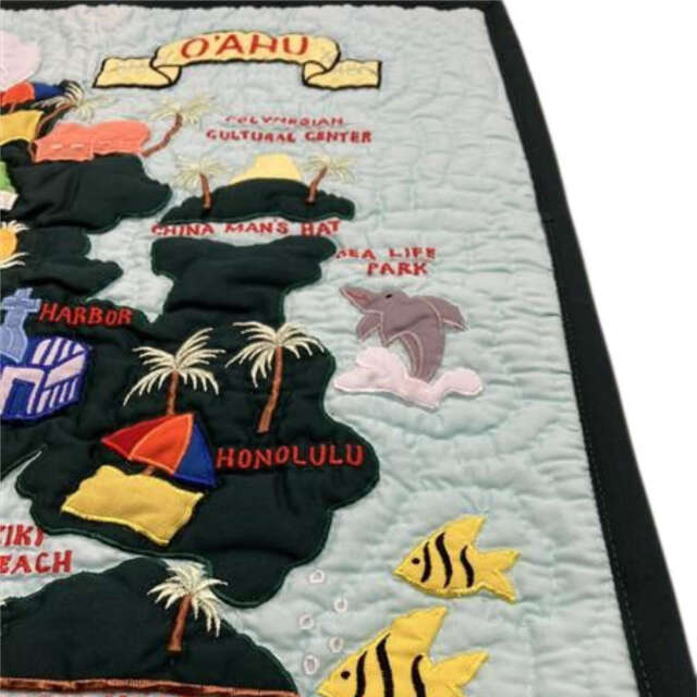 ハワイアンキルト クッションカバー ブルー オアフ島 地図柄 マップ