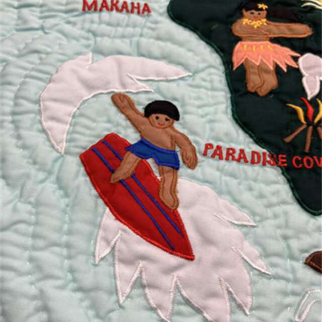 ハワイアンキルト クッションカバー ブルー オアフ島地図 46cm×46cm