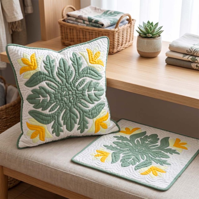 ハワイアンキルト クッションカバー 極楽鳥花 レモンイエロー 46cm×46cm 完成品