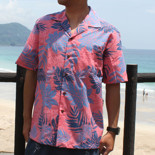 メンズ アロハ シャツ コーラルピンク シダ ラウアエ タパ ハワイ製