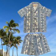 子供服ハワイアン アロハシャツ上下セット ブルー パイナップル柄