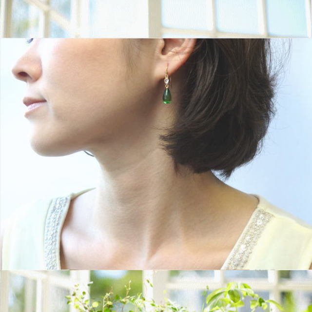 美品　緑　ピアス L'ange ピアス グリーンの雫 緑 16KGP ゴール 樹脂ピアス チェコ