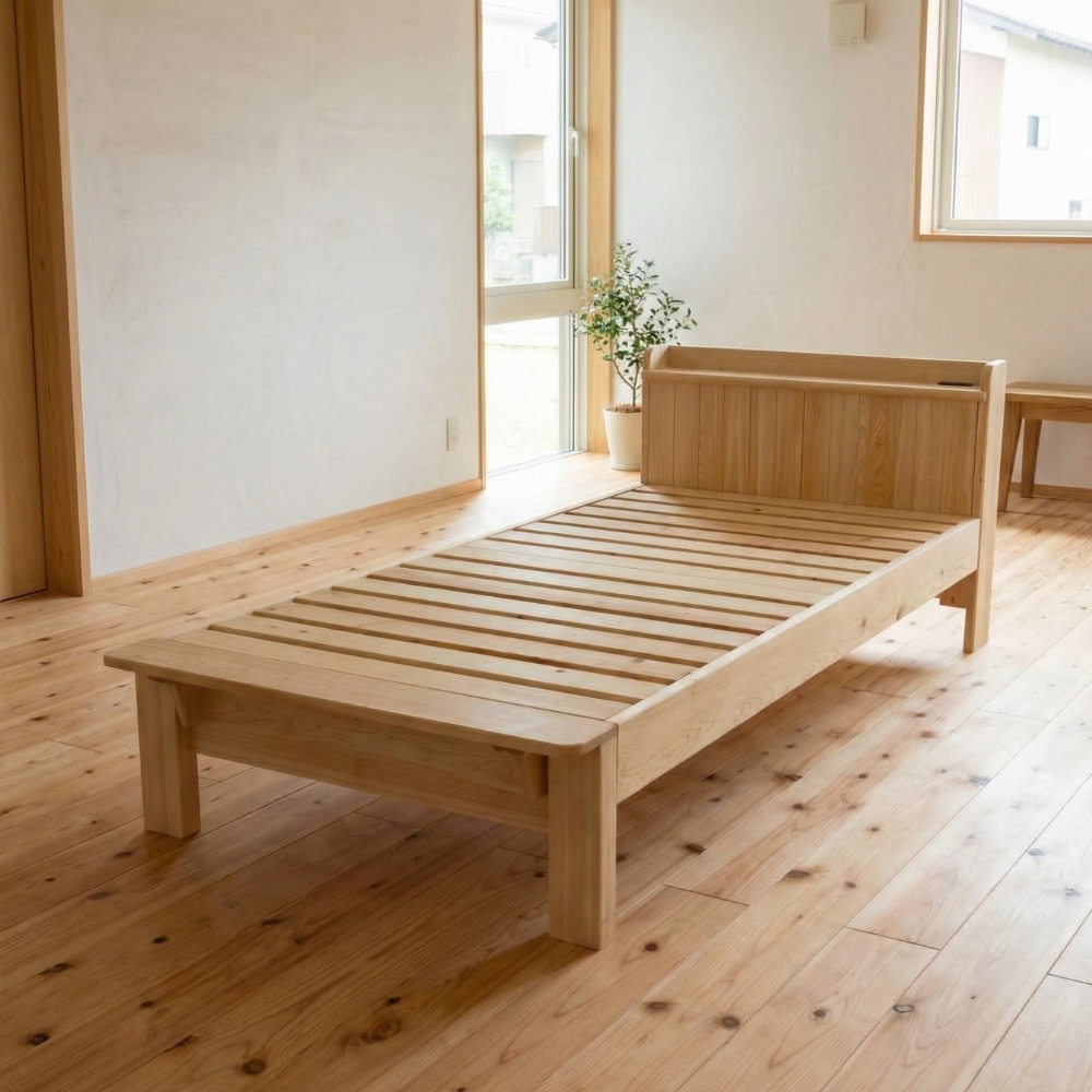 宮付シングルベッド 総檜 無垢 天然木製 ひのきフレームベッド すのこベッド 国産