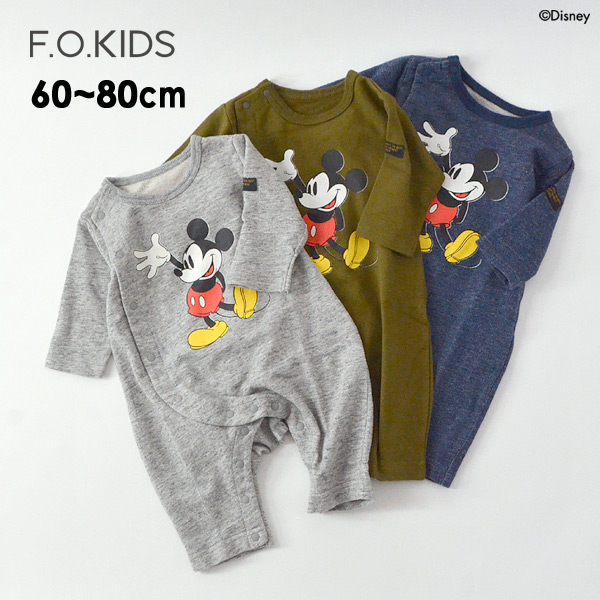 メール便可 エフオーキッズ R4311 M80m ディズニーキャラクターカバーオール 長袖ロンパース ロンパス 横開き ミッキーマウスプリント 男の子 女の子 赤ちゃん ベビー服 キッズ服 F O Kids 公式 Marumiya World 本店