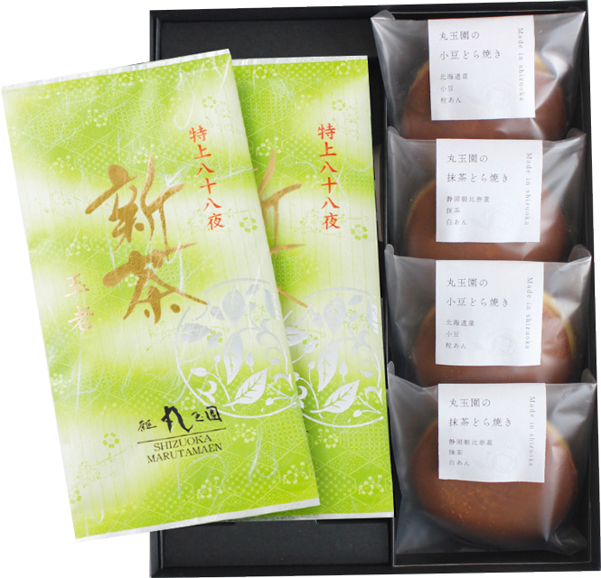 【新茶】特上八十八夜新茶(90ｇ×2）・どら焼き4個(茶2・小豆2)