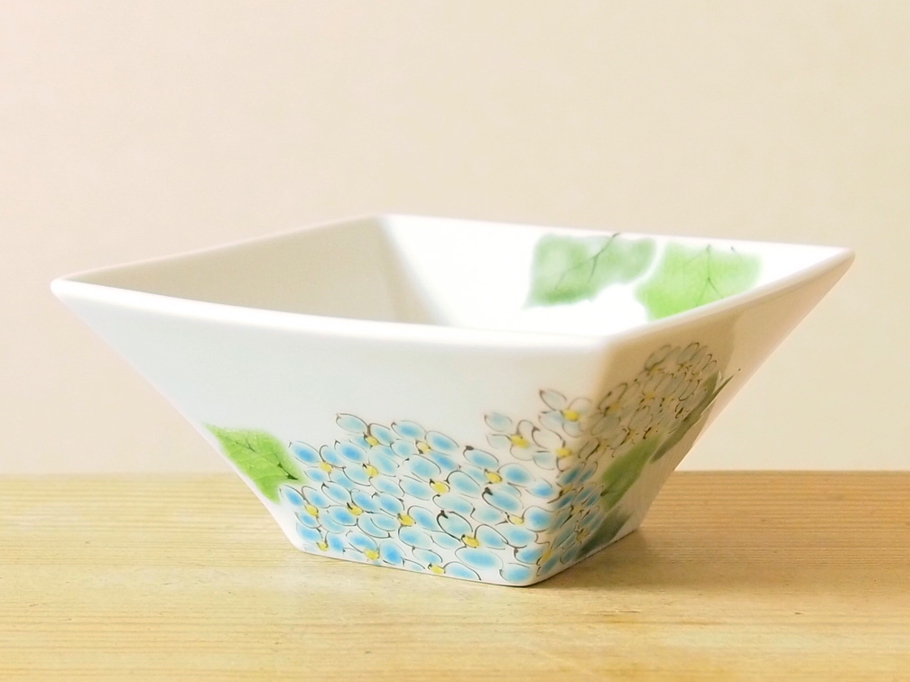 色絵 陶磁器 九谷 角福 銘器 紫陽花紋 蓋付碗 5客 紫陽花 五