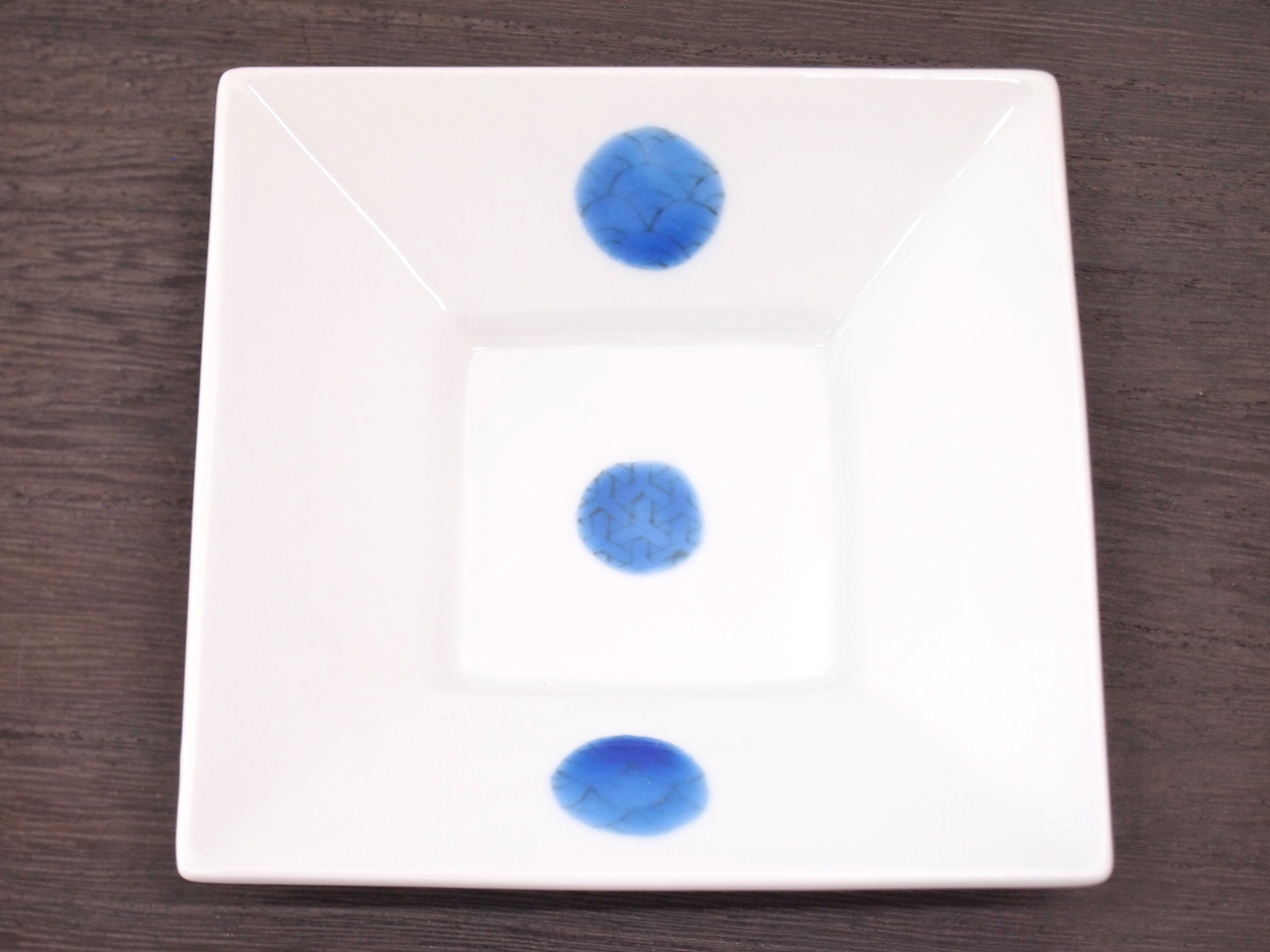 九谷焼 和陶房 3.5号角皿/小皿 豆皿/  青丸紋　 辺10.5×高2.3cm