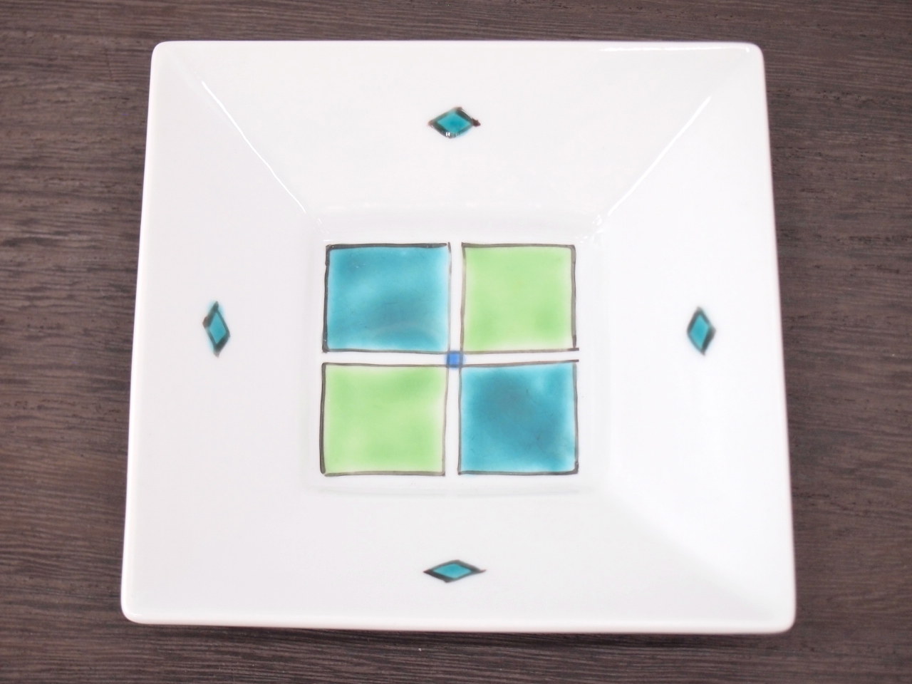 九谷焼 和陶房 3.5号角皿/小皿 豆皿/  見込市松色絵　 辺10.5×高2.3cm