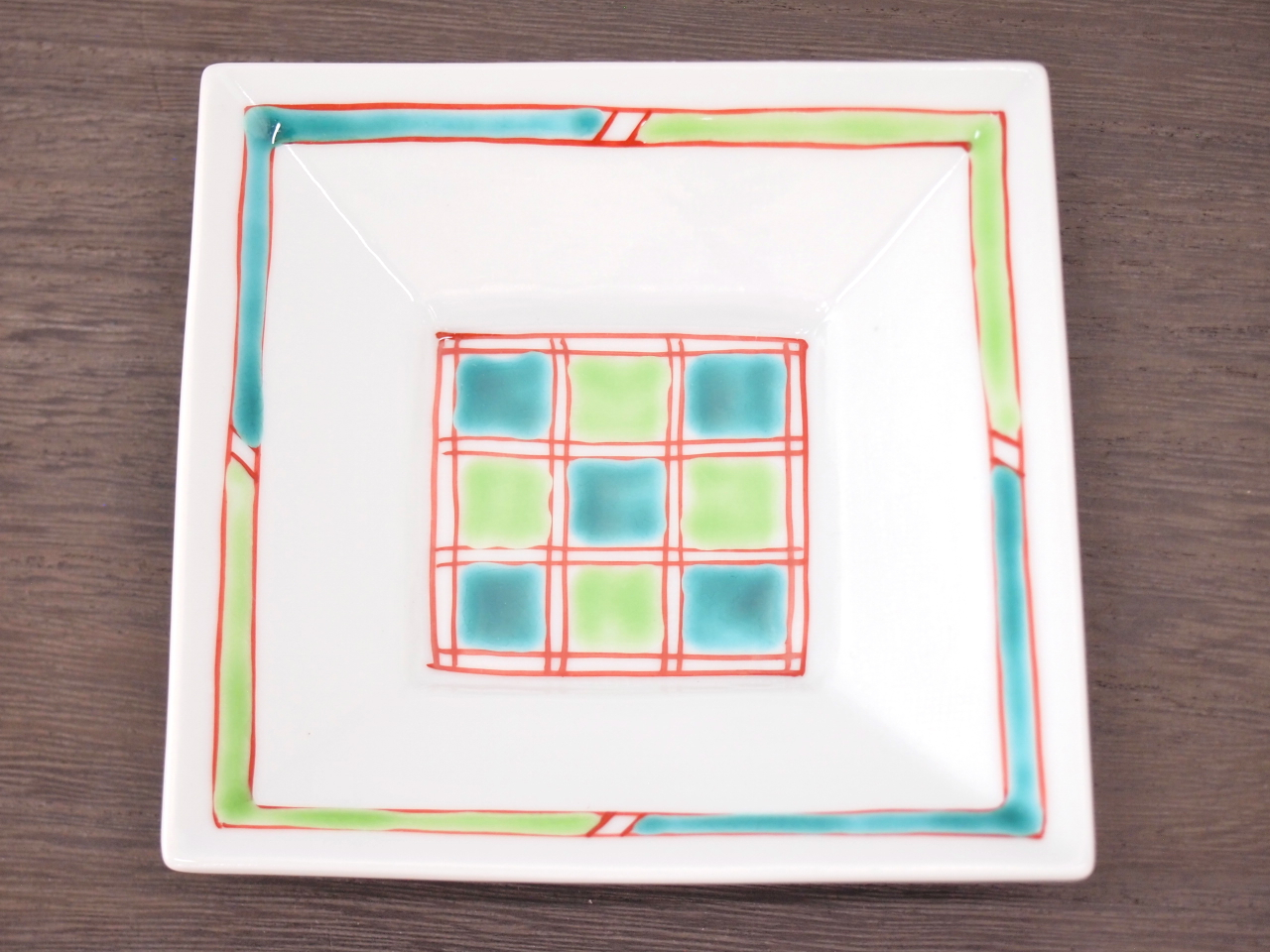 九谷焼 和陶房 3.5号角皿/小皿 豆皿/  色絵格子　 辺10.5×高2.3cm