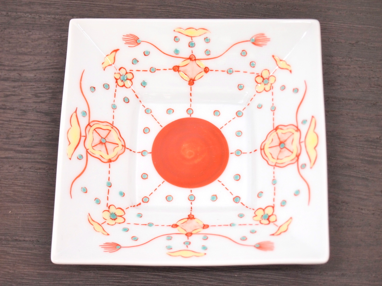 九谷焼 和陶房 3.5号角皿/小皿 豆皿/  瓔珞紋　 辺10.5×高2.3cm