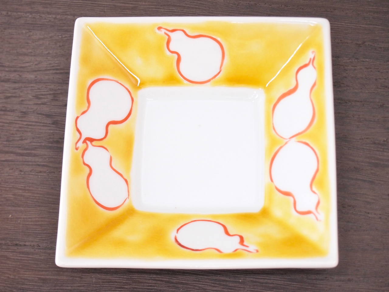 九谷焼 和陶房 3.5号角皿/小皿 豆皿/  黄釉瓢箪文　 辺10.5×高2.3cm