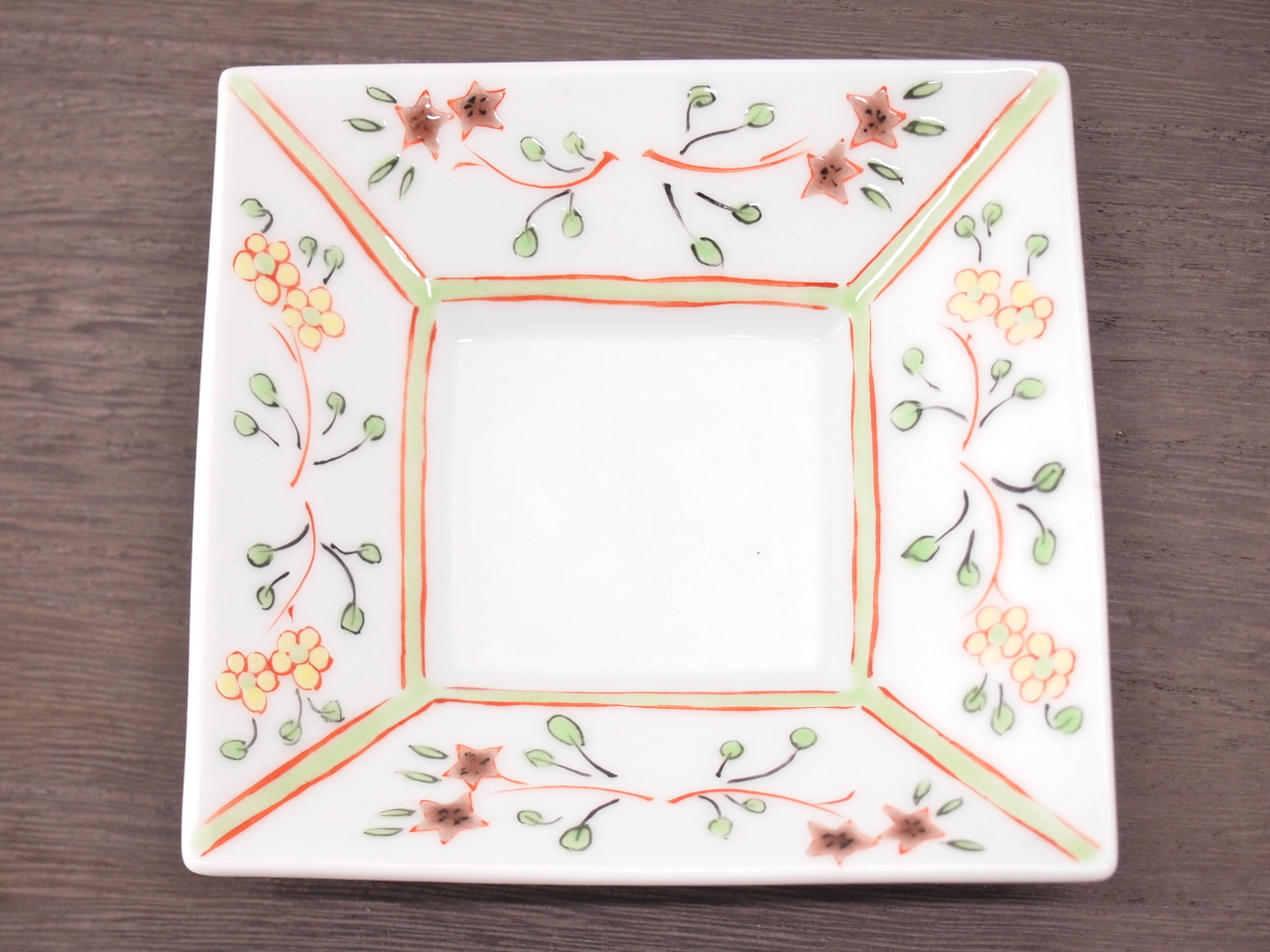 九谷焼 和陶房 3.5号角皿/小皿 豆皿/  色絵渕花文　 辺10.5×高2.3cm