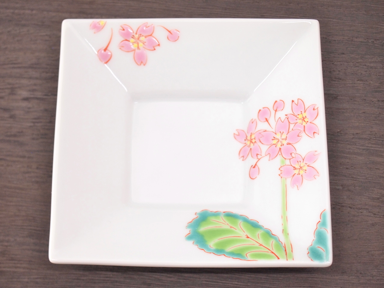 九谷焼 和陶房 3.5号角皿/小皿 豆皿/  さくら草　 辺10.5×高2.3cm