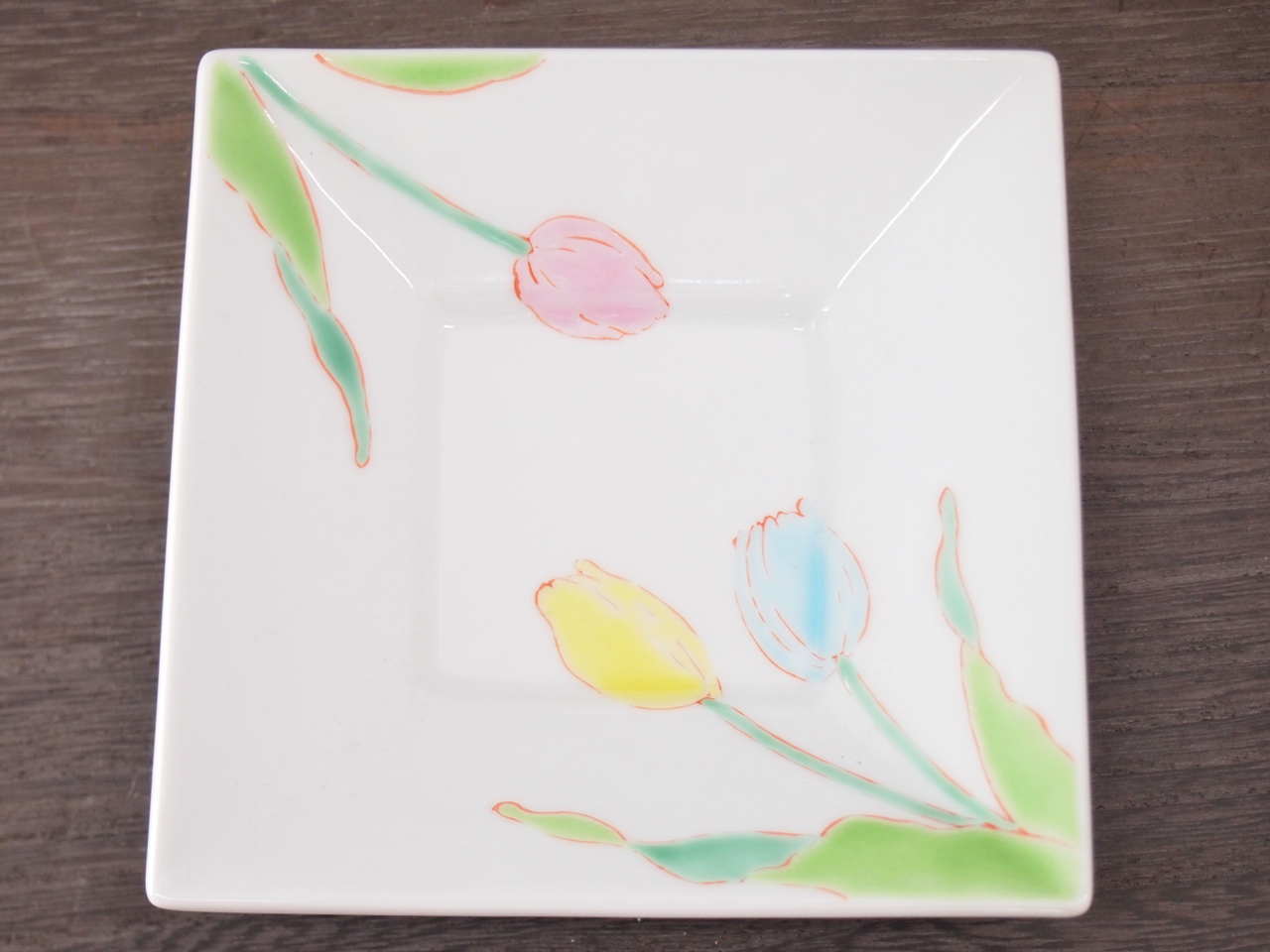 九谷焼 和陶房 3.5号角皿/小皿 豆皿/  ３色チューリップ　 辺10.5×高2.3cm