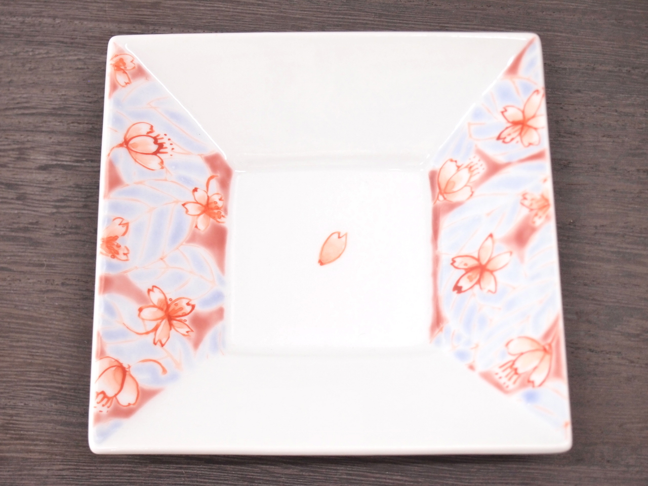 九谷焼 和陶房 3.5号角皿/小皿 豆皿/  色絵桜紋（ブルー）　 辺10.5×高2.3cm