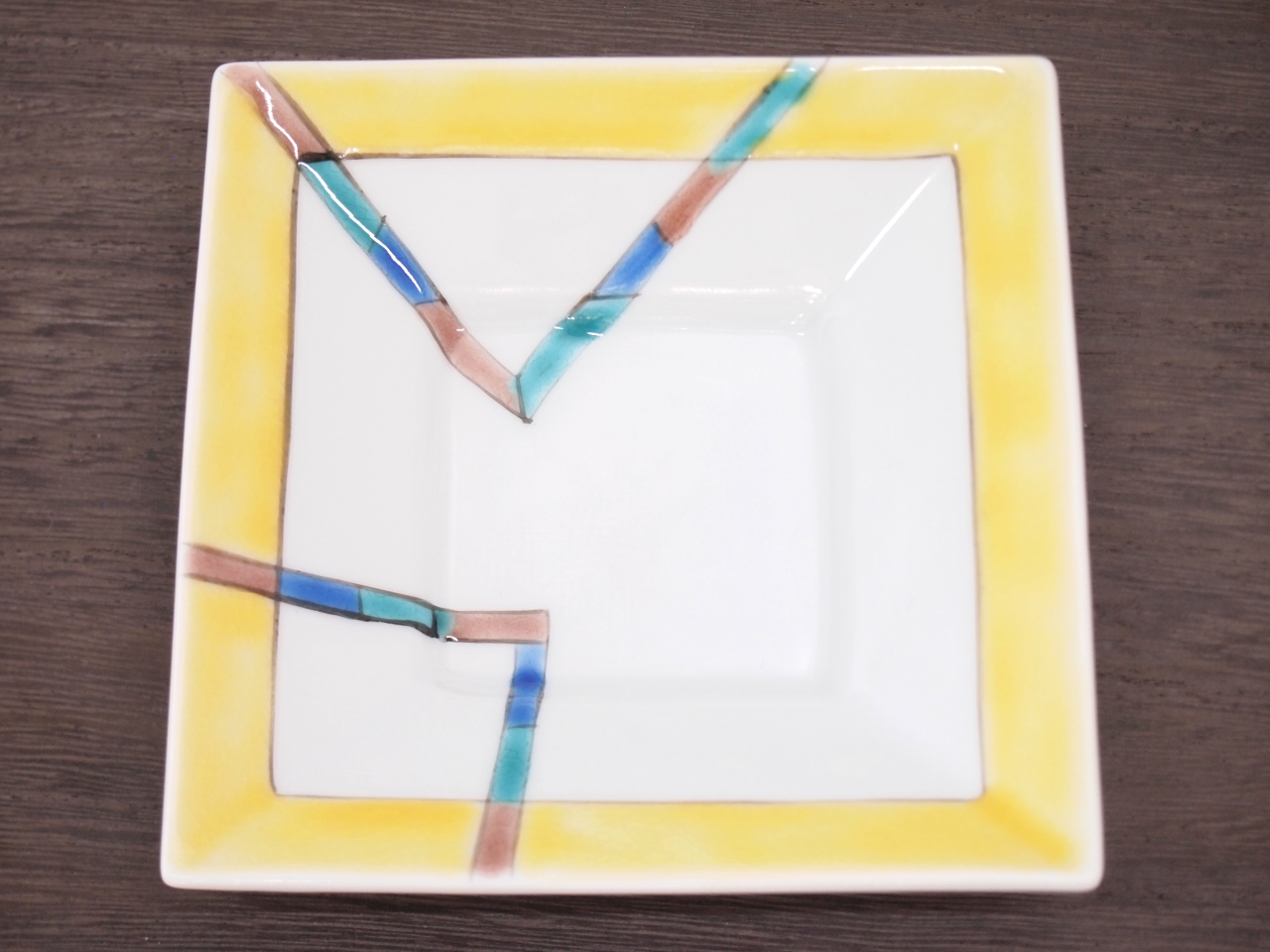 九谷焼 和陶房 3.5号角皿/小皿 豆皿/  色絵幾何紋　 辺10.5×高2.3cm