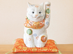 九谷焼 陶幸 マルヨネ】 10号招き猫 細描鹿の子白盛 右手・左手各 幅18