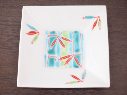 九谷焼 和陶房 3.5号角皿/小皿 豆皿/  見込竹に笹　 辺10.5×高2.3cm