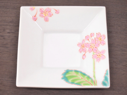 九谷焼 和陶房 3.5号角皿/小皿 豆皿/  さくら草　 辺10.5×高2.3cm