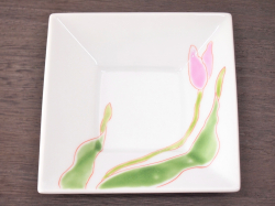 九谷焼 和陶房 3.5号角皿/小皿 豆皿/  チューリップ　 辺10.5×高2.3cm
